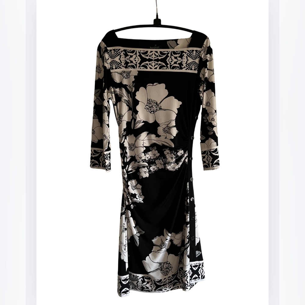 White House Black Market Black and Cream Floral Long Sleeve Dress